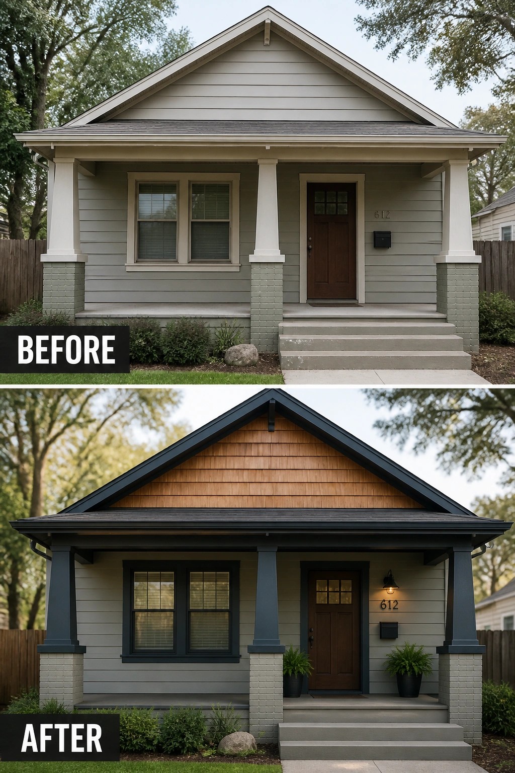 Before-and-after image of a house exterior showing plain gray siding updated with dark trim, a wood-shingled gable, painted porch columns, and added planters.
