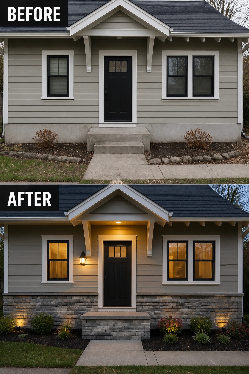 Before-and-after image of a house exterior showing an updated entry with added lighting, stone foundation cladding, and refreshed landscaping.