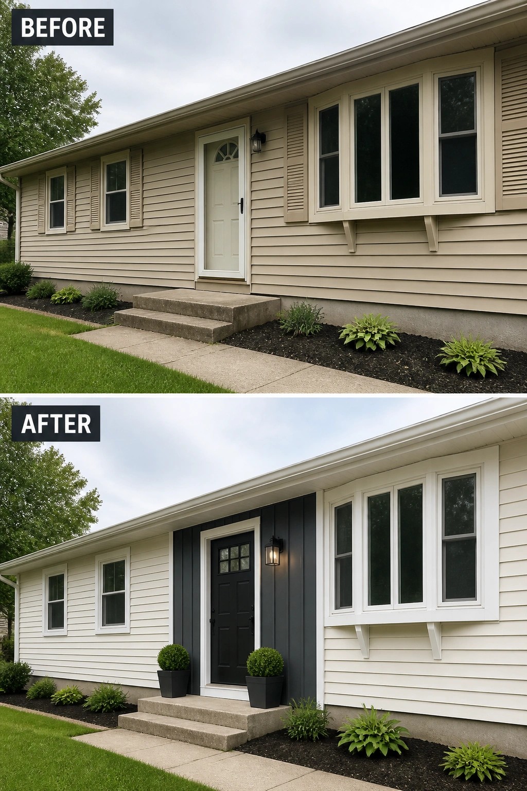Before and after house exterior with beige siding updated to white and black accents