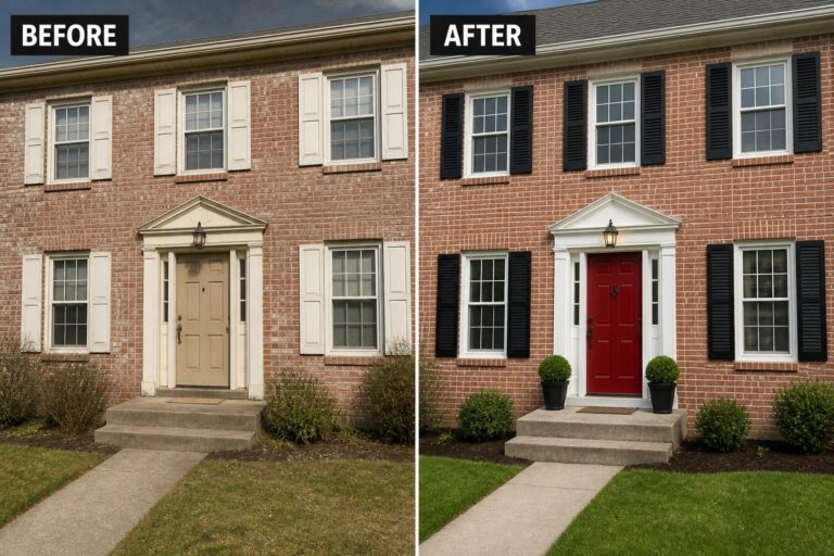 25 Creative Exterior Color Before and After Ideas With Door and Shutter Changes Before and after of brick house with black shutters and red door.