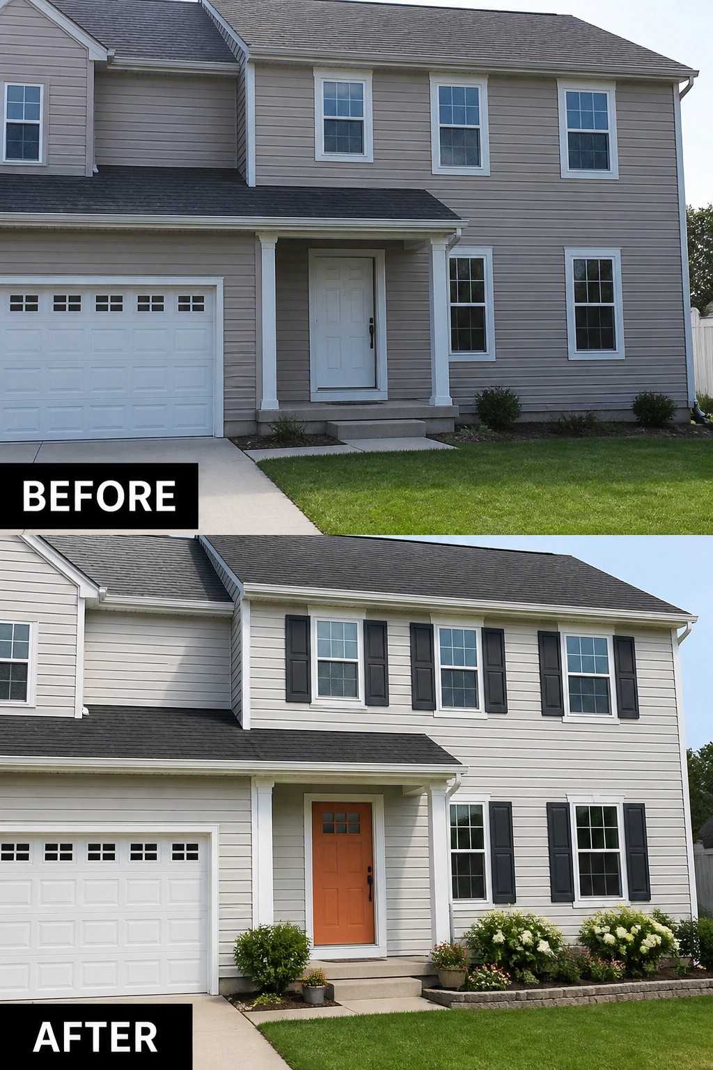 Before and after house exterior with new white siding, orange door, black shutters, landscaping