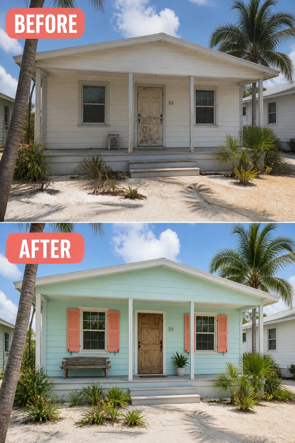 Before and after of white beach house renovated to mint green with coral shutters