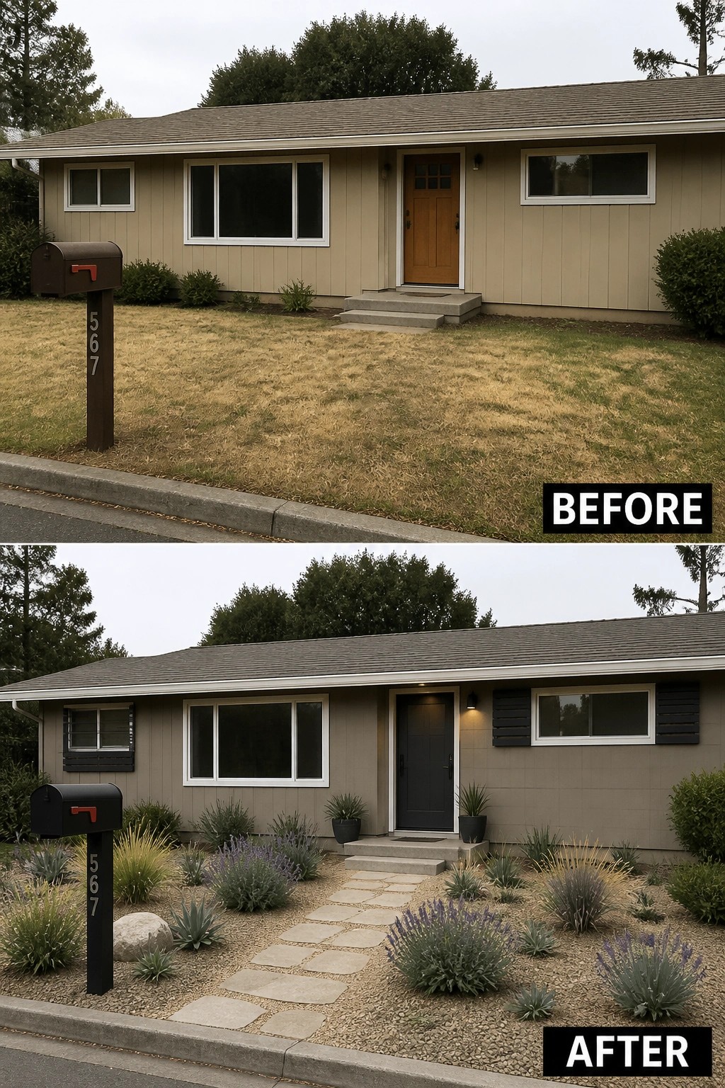 Before-and-after image of a house exterior showing a dry lawn replaced by gravel beds, a stone path, and added shrubs.