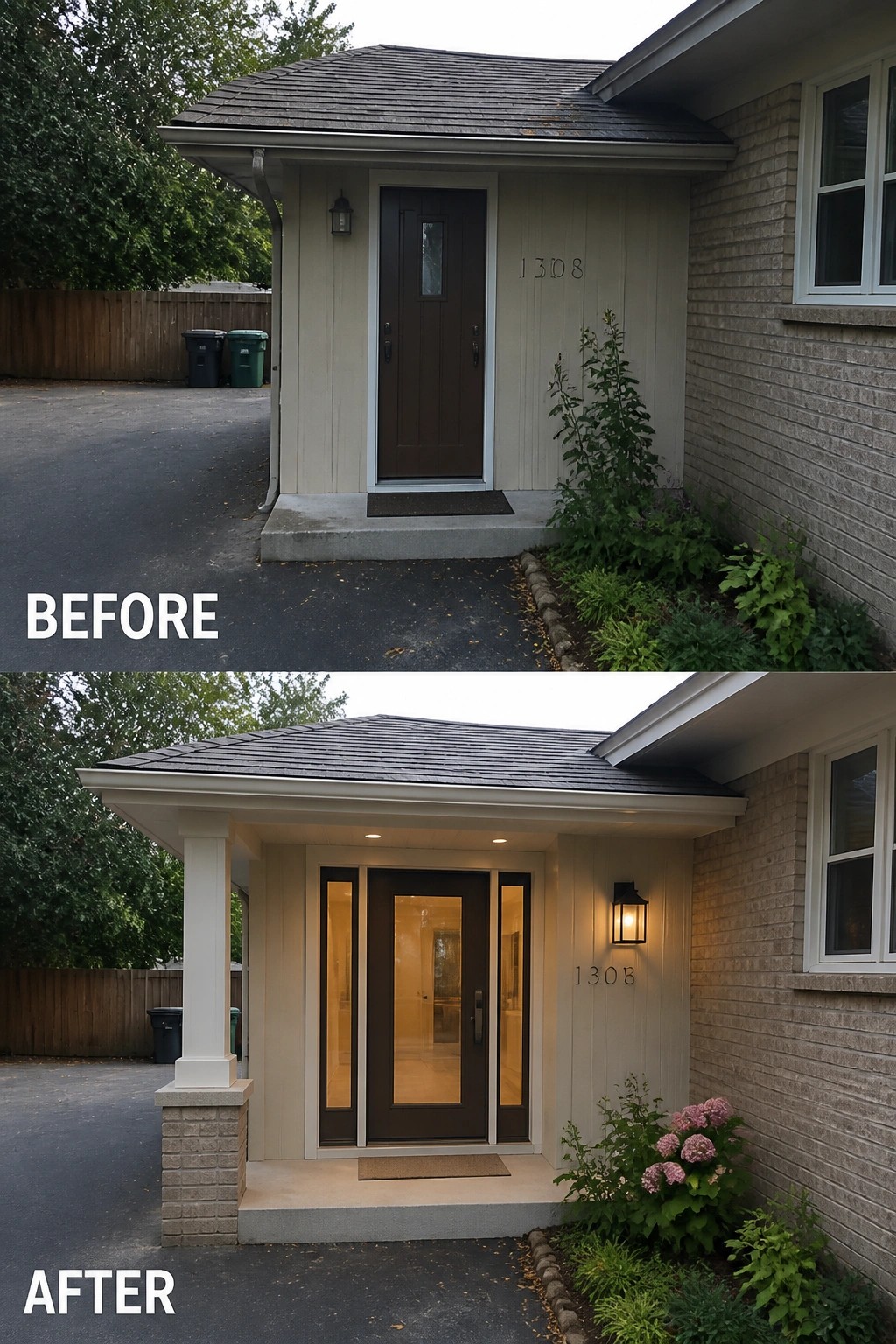 Before-and-after image of a house entry updated with a covered porch supported by columns and a new door with sidelights.