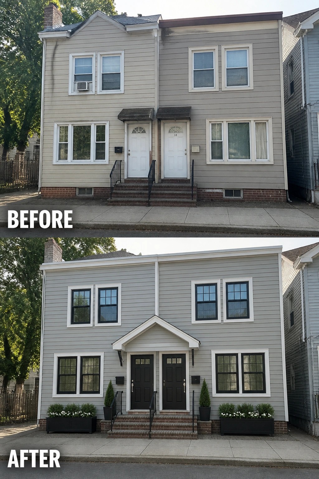 Before-and-after image of a two-story house showing a flat entry updated with a new gabled roof, black-framed windows, and dark doors.