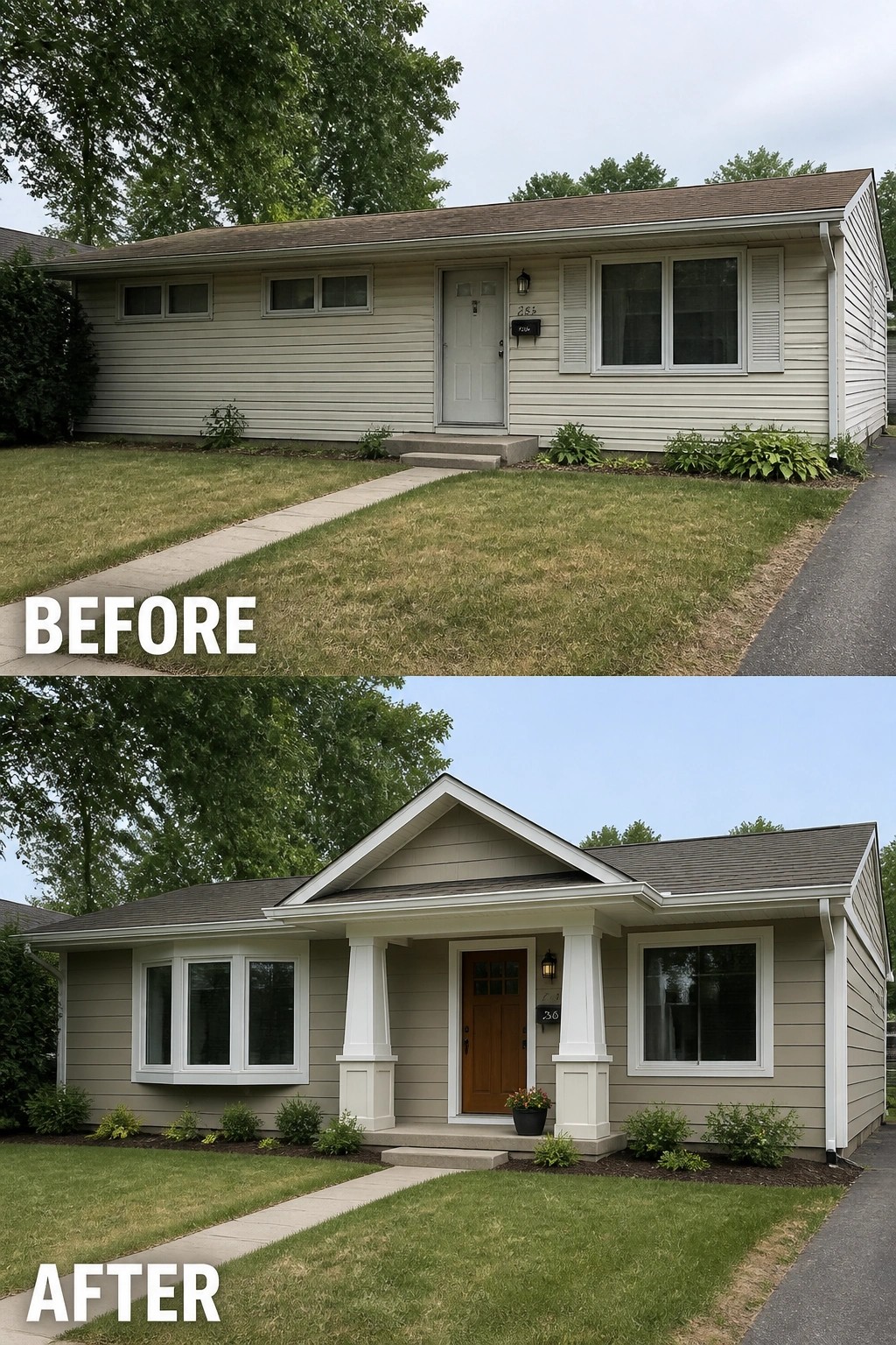 Before-and-after image of a ranch home showing the addition of a gabled entry porch with columns and a new front door.