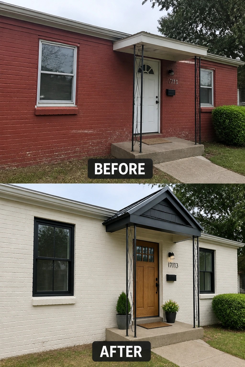 Before-and-after image of a red brick house exterior updated with white paint, a new gabled entry roof, black trim, and a wooden door.