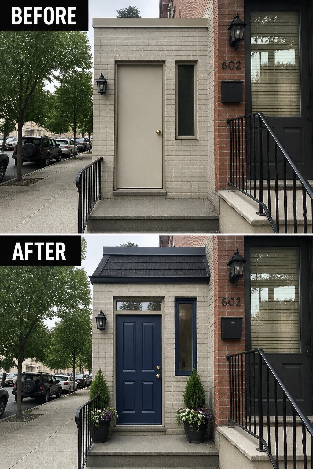 Before and after of beige brick entrance with new navy door and potted plants