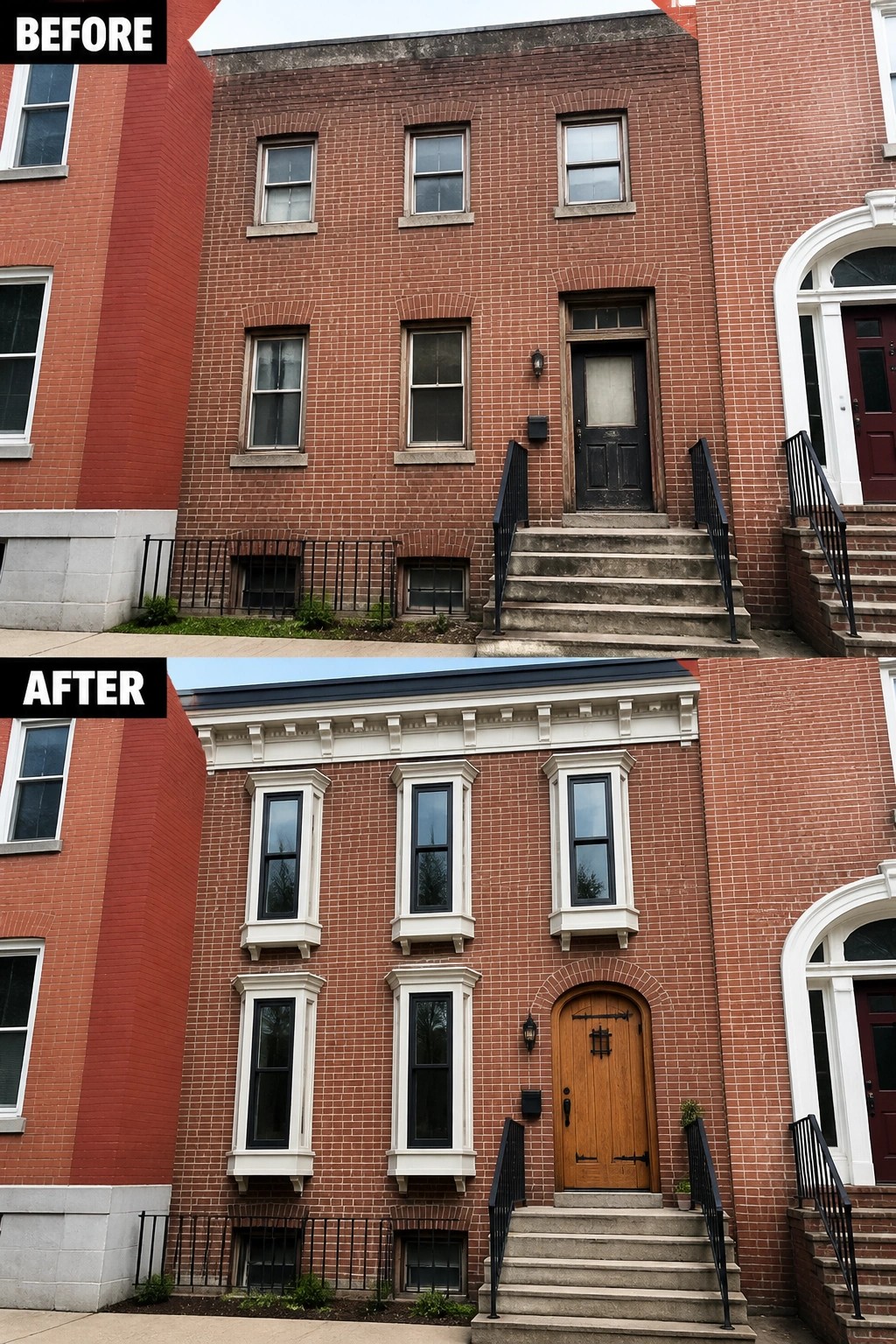 Before and after renovation of red brick building with new windows and door