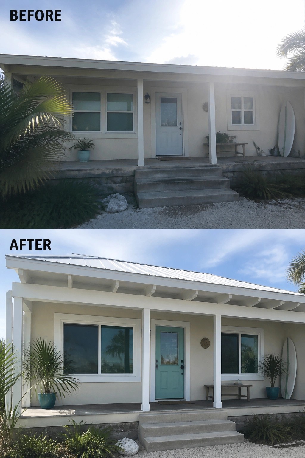 Before and after renovation of beach house with new roof, porch, and teal door.