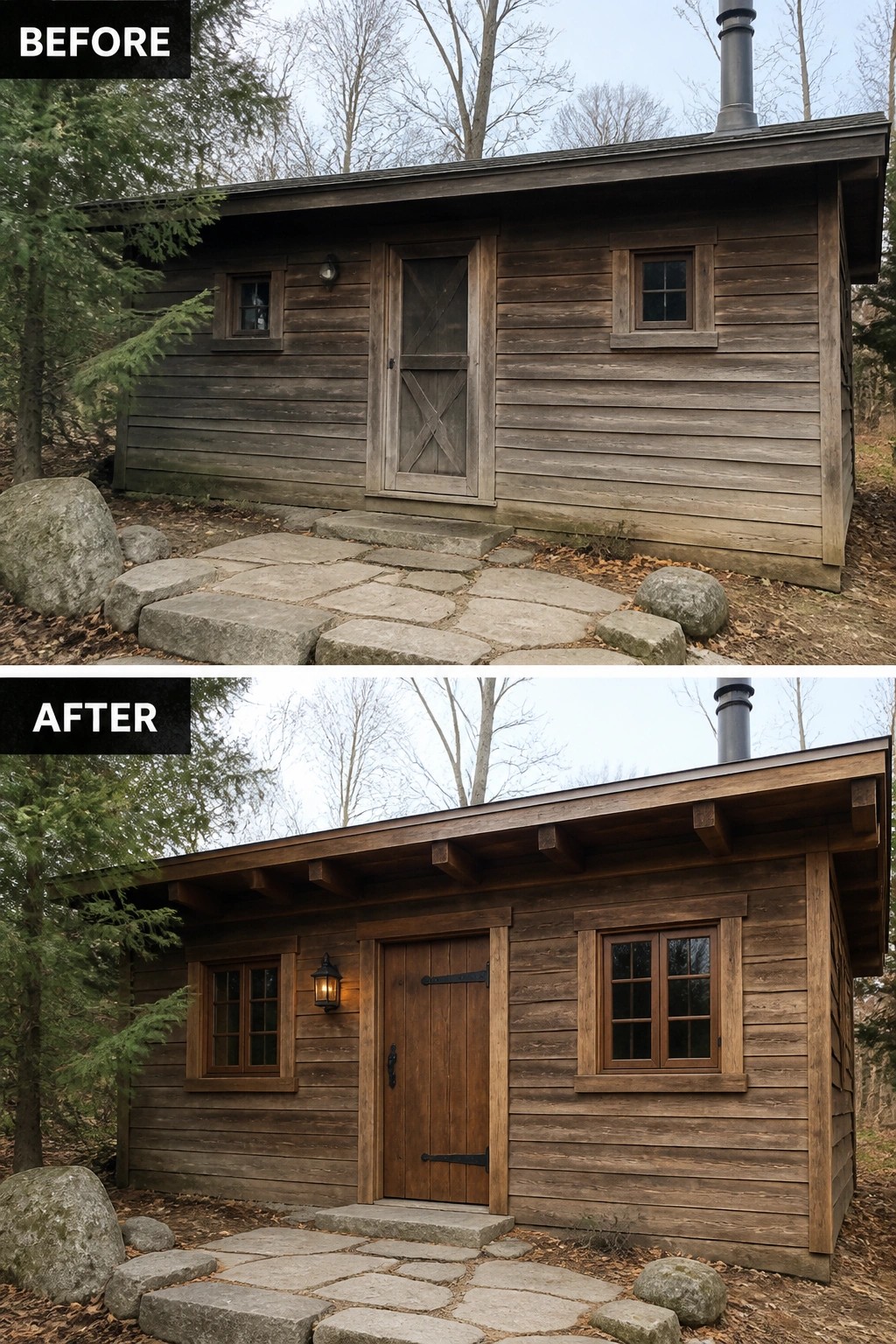 Before-and-after views of wooden cabin exterior with new door, windows, and trim.