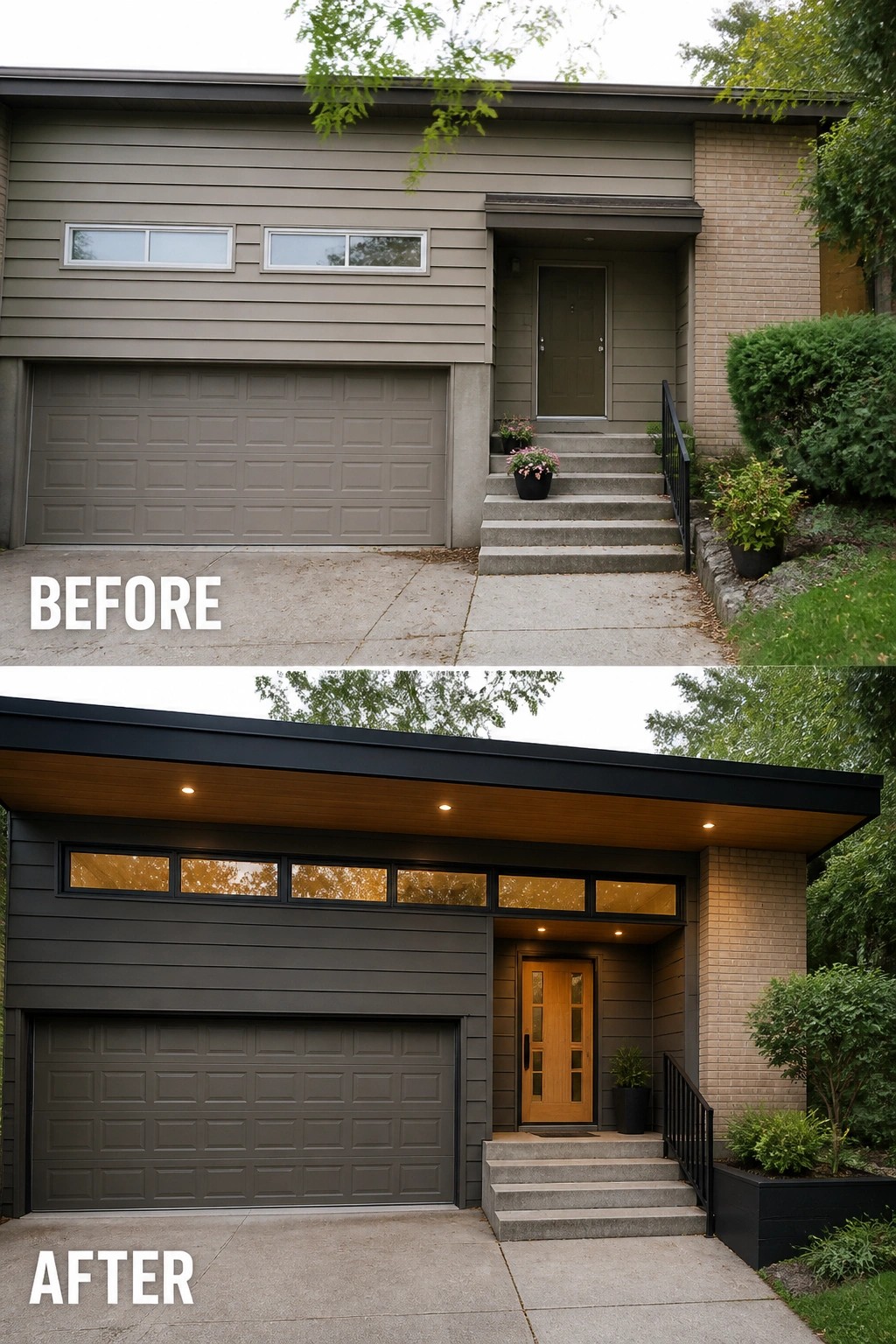 Before-and-after image of a house exterior showing an extended roof overhang with wood accent and lighting above the entry, plus updated garage transom windows and a new front door.