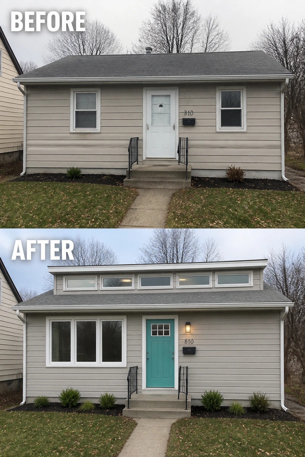 Before-and-after image of a house exterior showing a flat roofline updated with added height and a row of clerestory windows.
