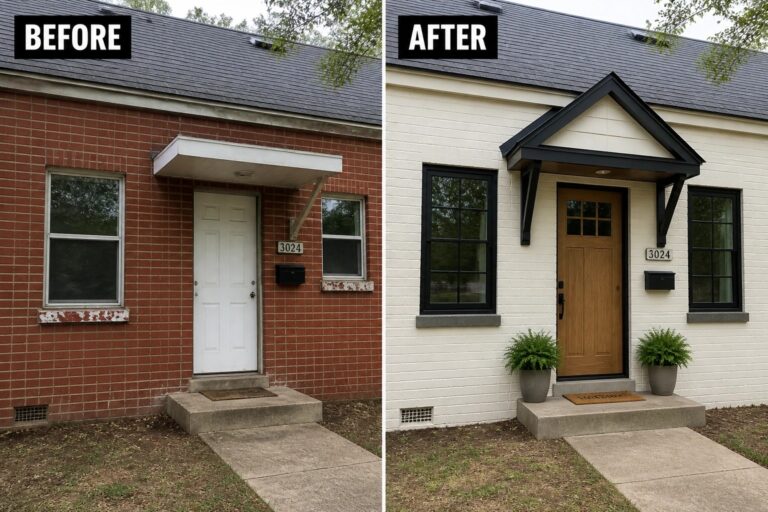 25 Creative Exterior Remodel Ideas With Updated Windows, Doors, and Rooflines Before-and-after image of a red brick house exterior updated with white paint, a new gabled entry roof, black trim, and a wooden door.