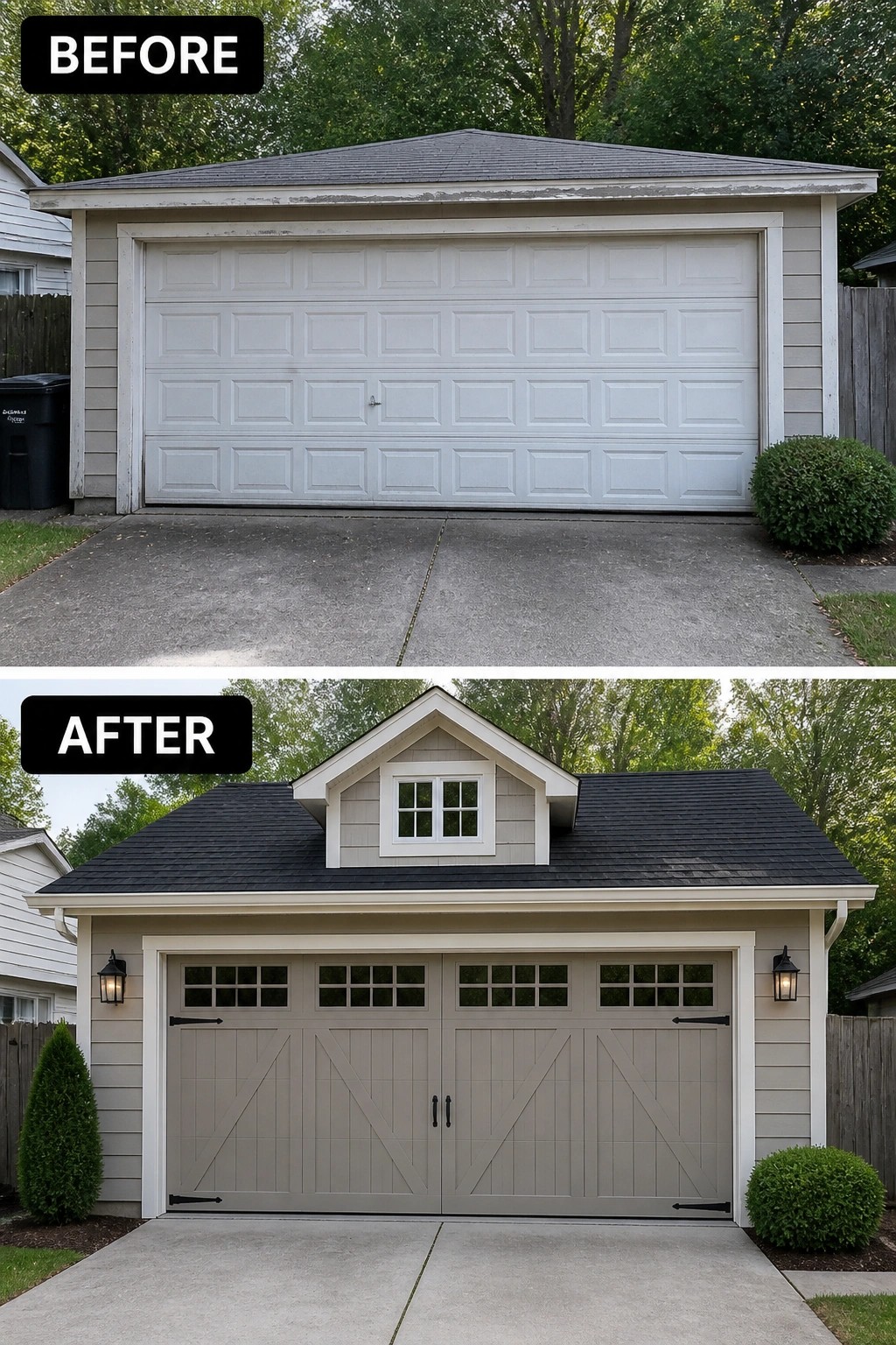 Before and after garage renovation with new roof, dormer, and carriage doors.