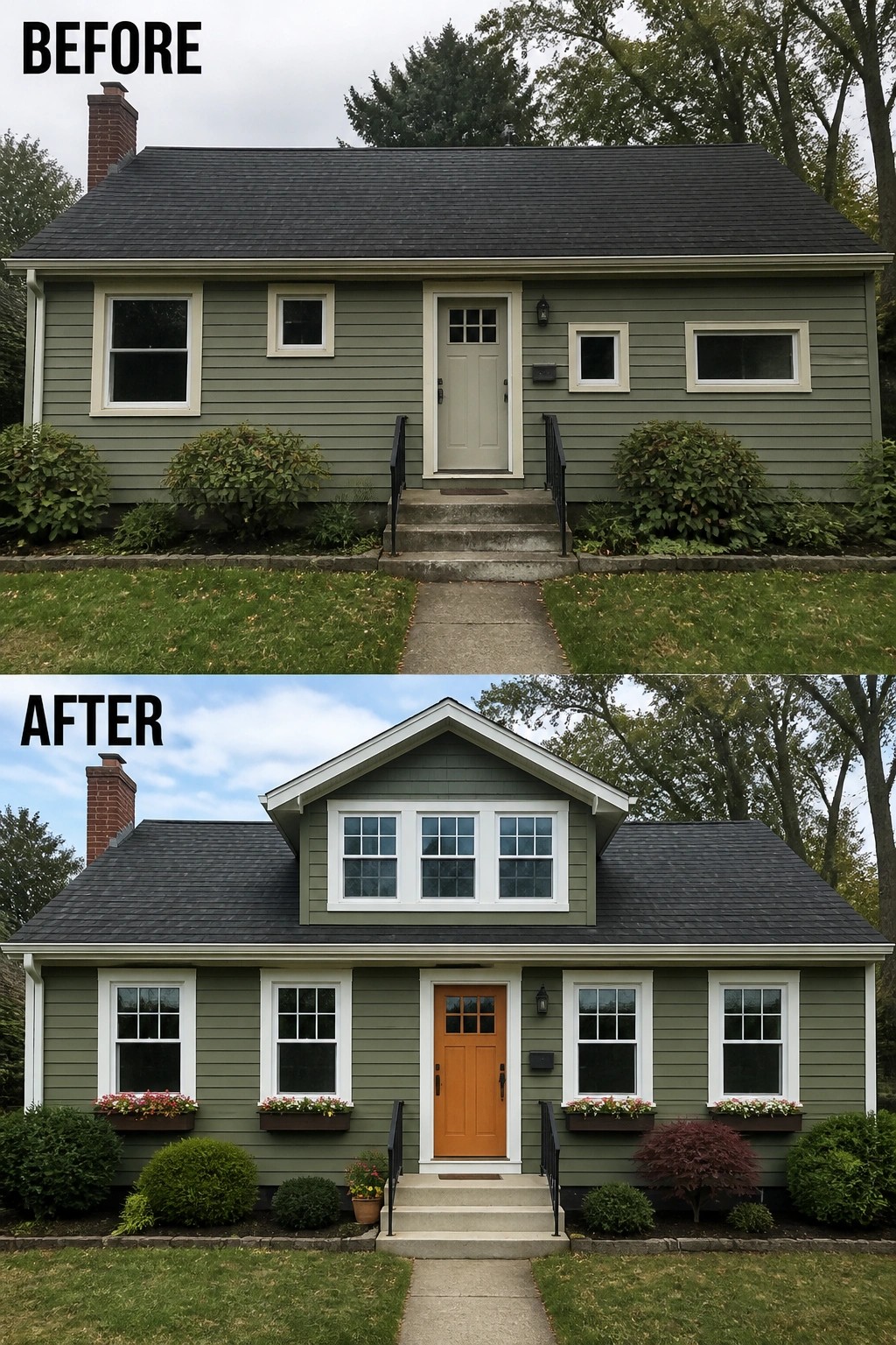 Before and after of renovated green house with new gable, windows, and landscaping