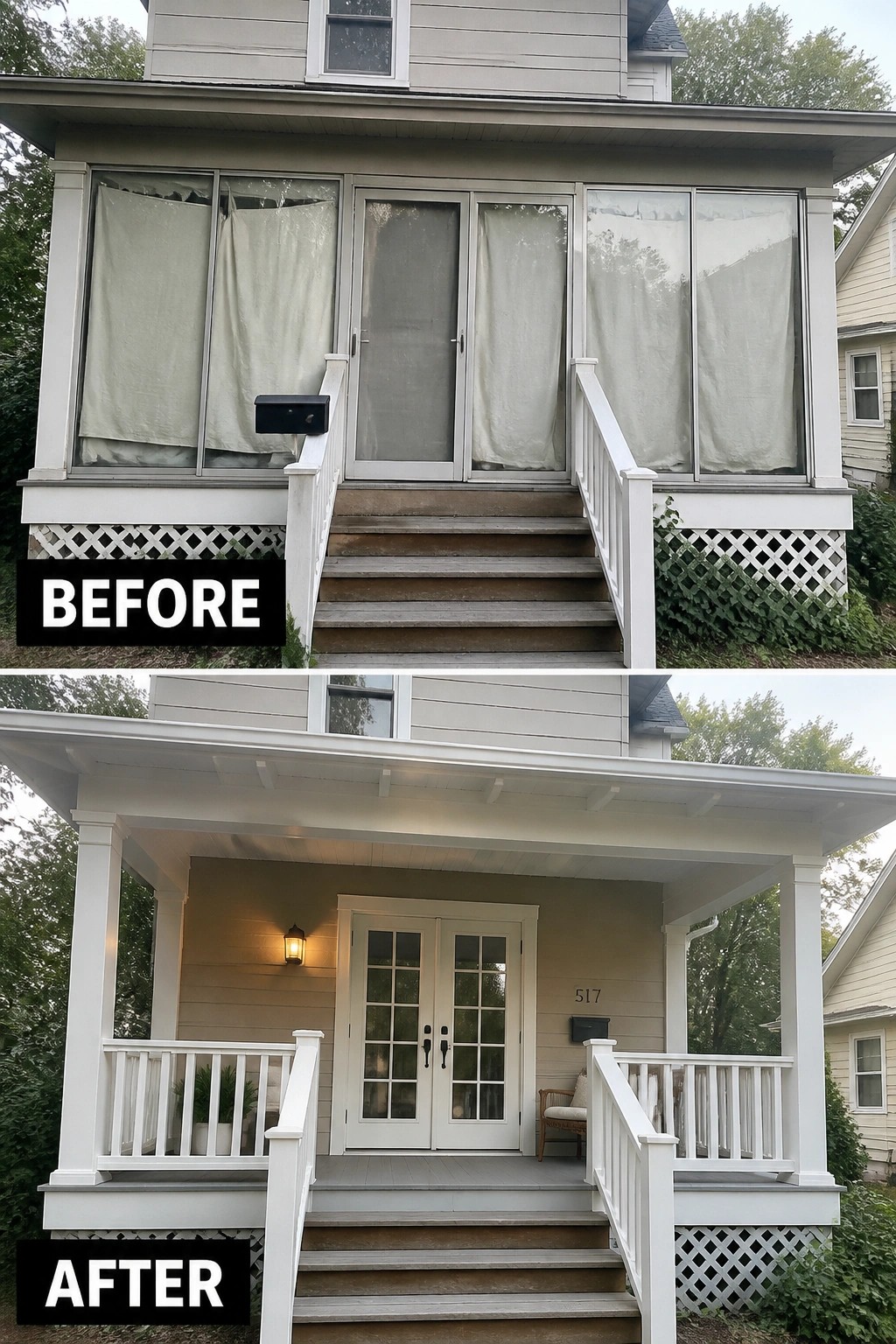 Before-and-after image of a house front porch changed from an enclosed screened space to an open porch with new double doors and white railings.