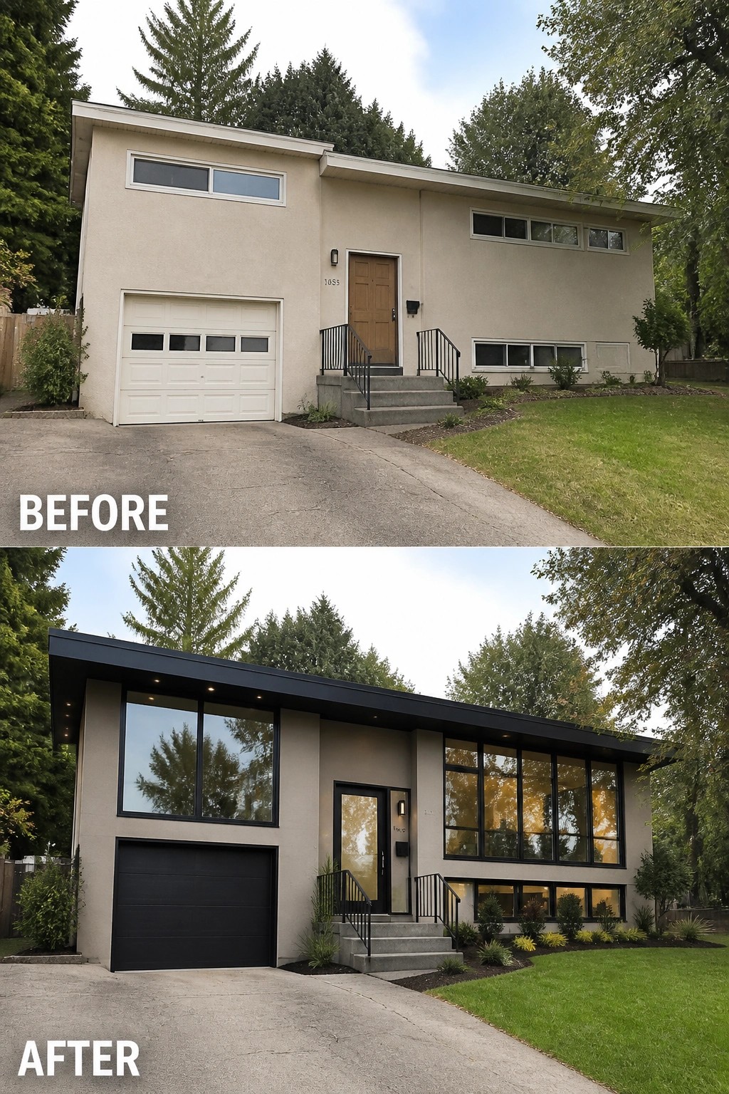 Before-and-after image of a house exterior modernized with larger windows, a black garage door, black window frames, and a new flat roofline.