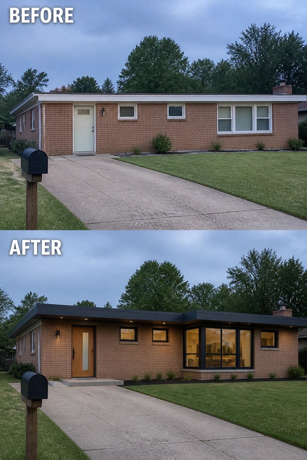 Before-and-after image of a brick ranch house showing a flat white roofline changed to a dark extended roof with updated black-framed windows and door.