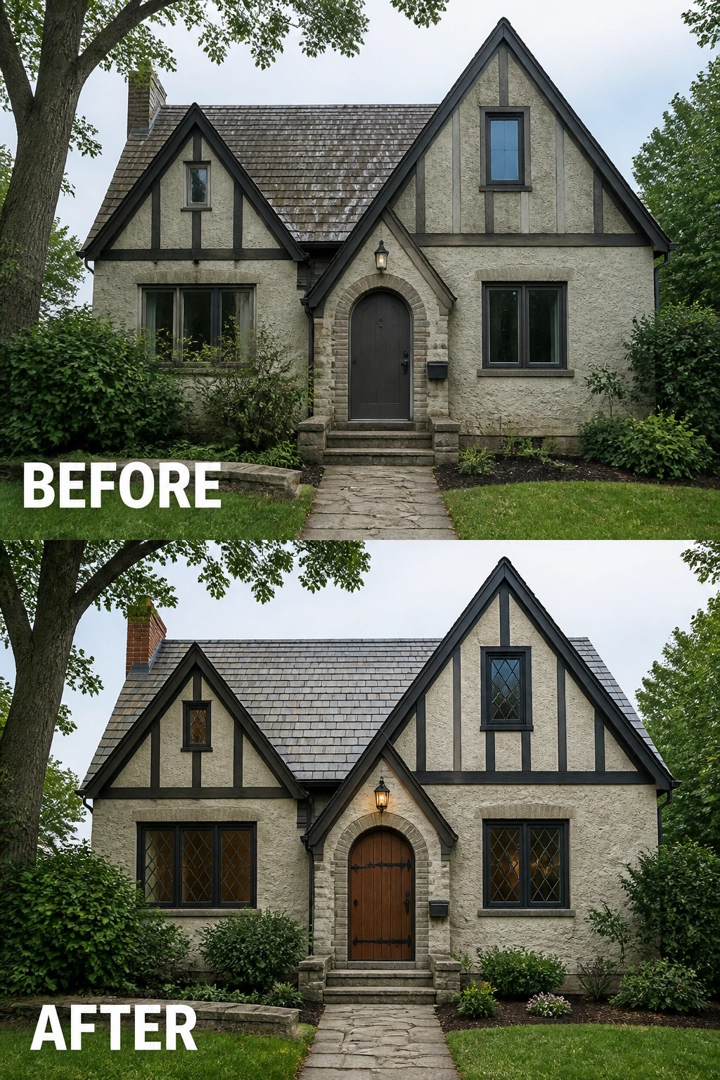 Before-and-after image of a house exterior showing updated windows with diamond grids and a new wooden front door.