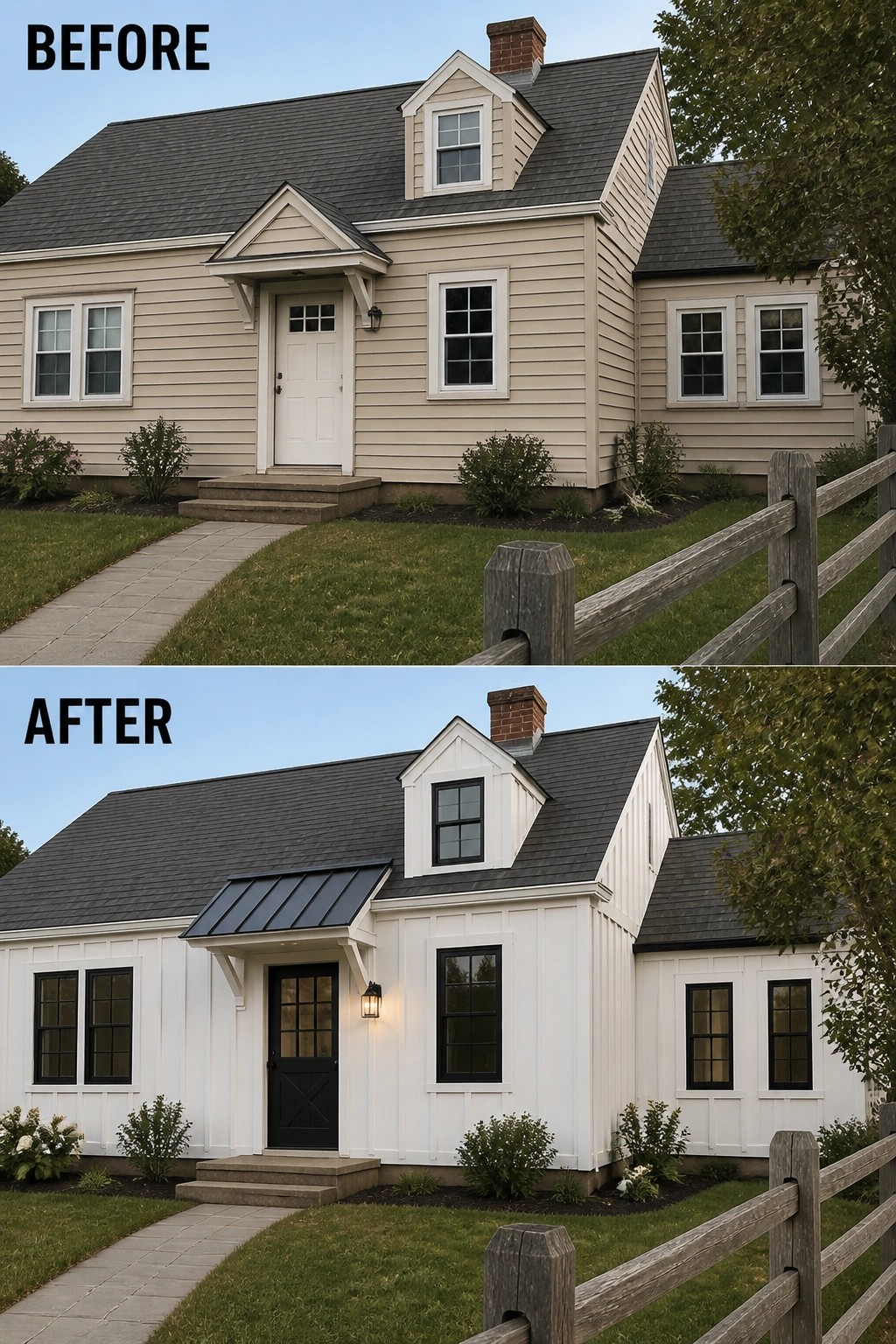 Before and after house exterior renovation from beige siding to white with black trim.