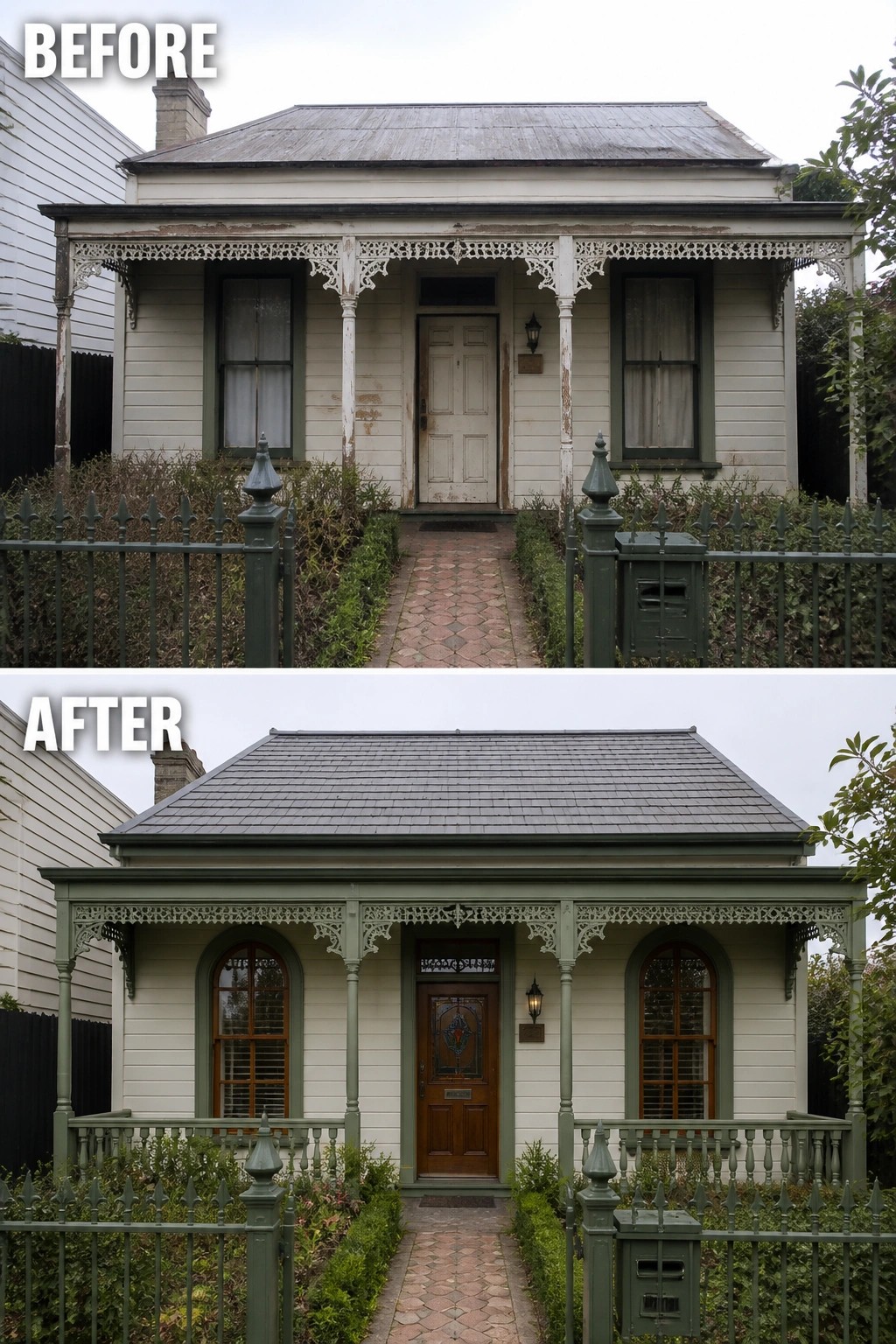 Before and after views of renovated Victorian house with green paint and new roof
