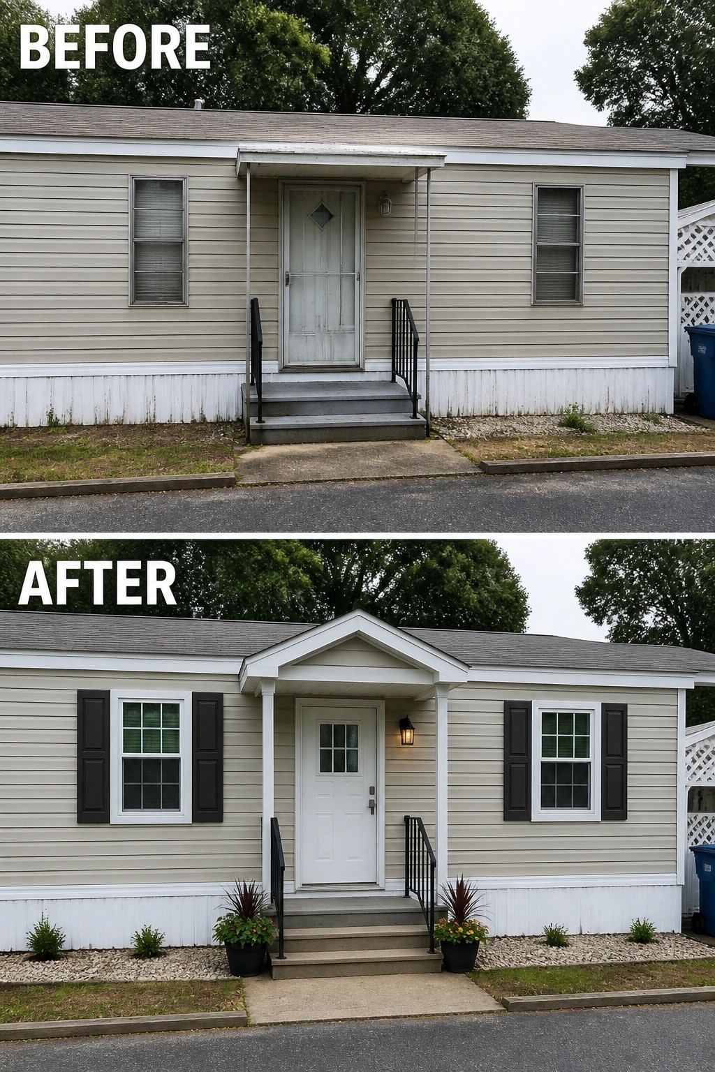 Before-and-after image of a house front updated with a new white door, black shutters, a gable roof over the porch, and added planters.