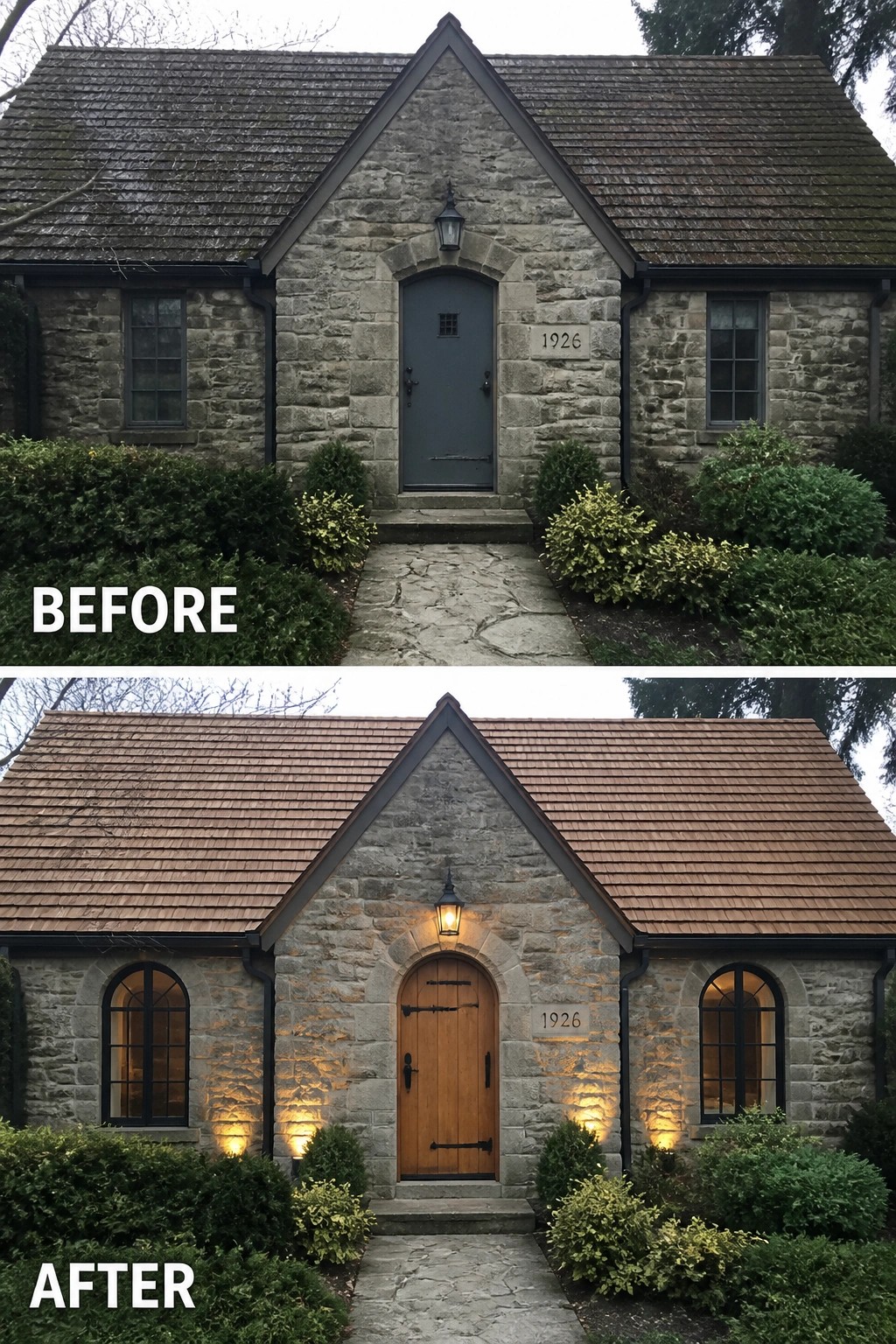 Before and after views of stone house with new wooden door and lighting.