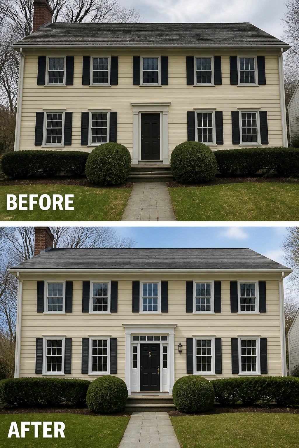 Before-and-after image of a house exterior showing a front door updated with a transom window and sidelights.