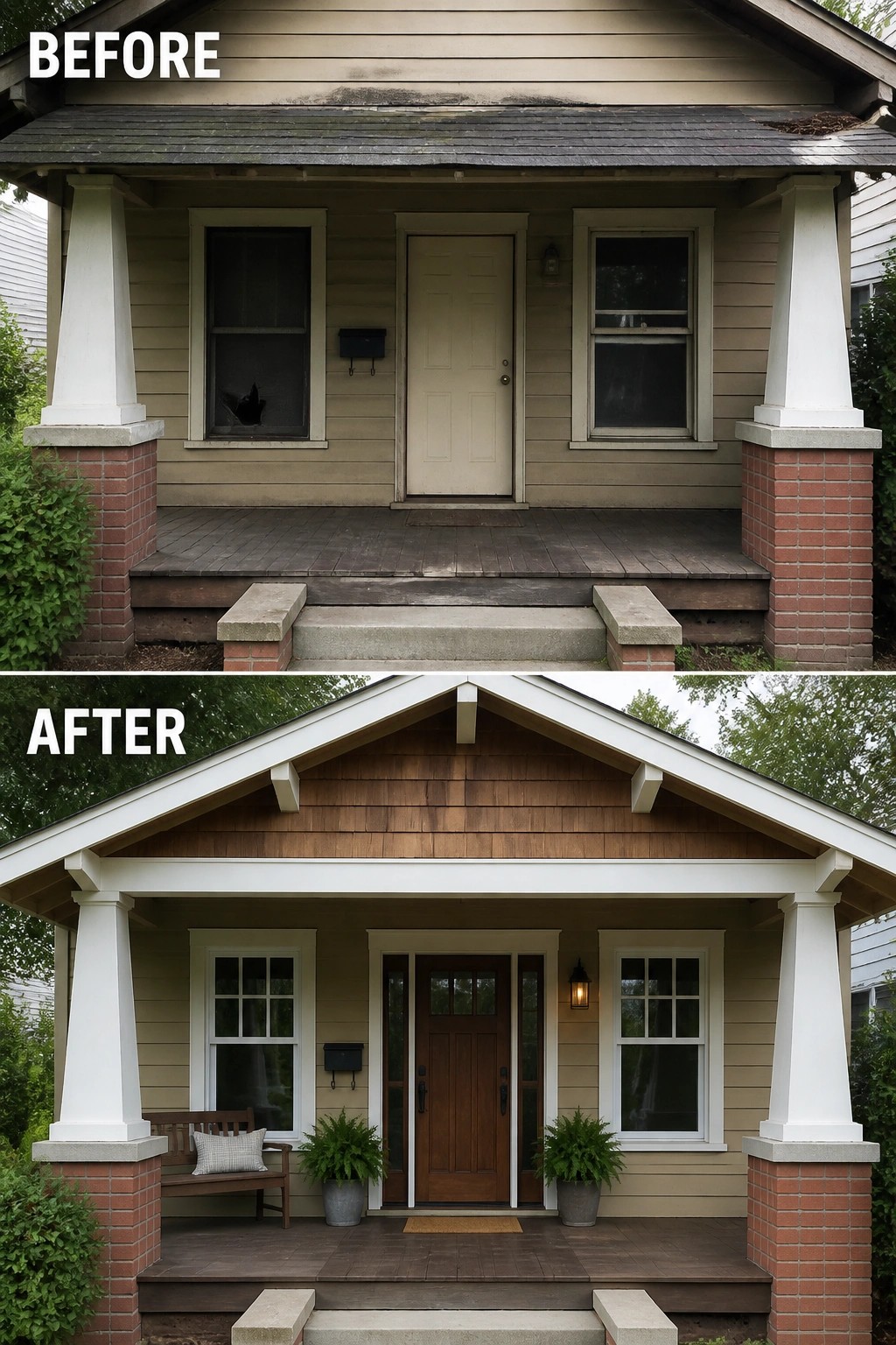 Before-and-after image of a house front porch showing an updated gable roofline, new dark wood door with sidelights, and added bench with planters.