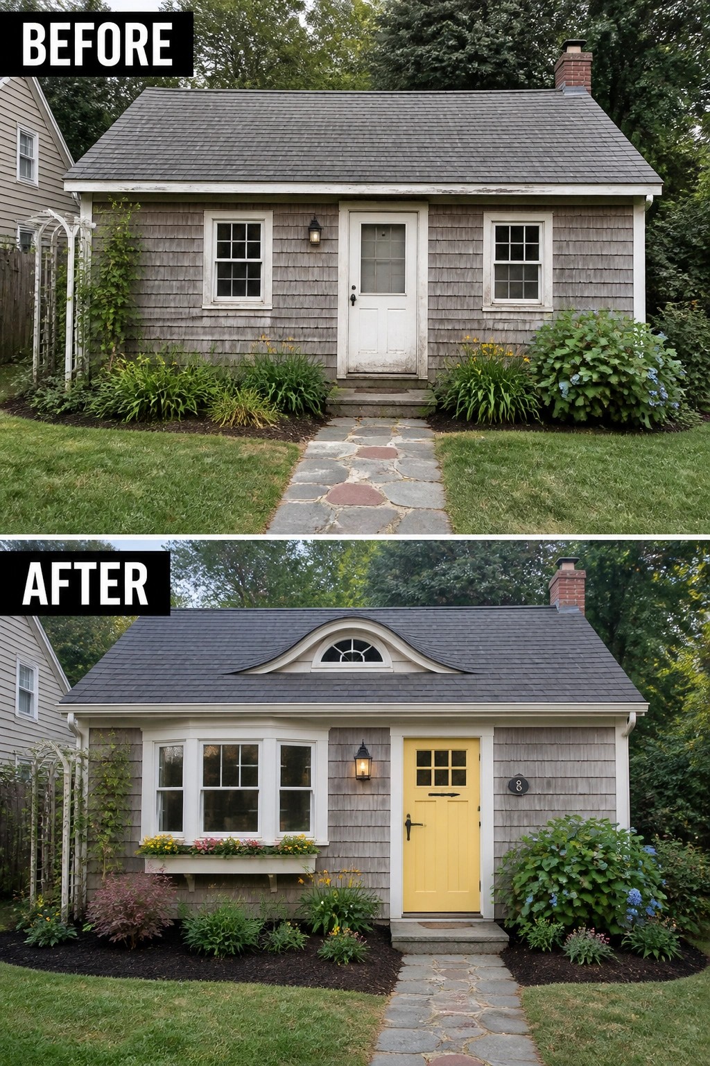 Before and after views of renovated cottage with yellow door and bay window