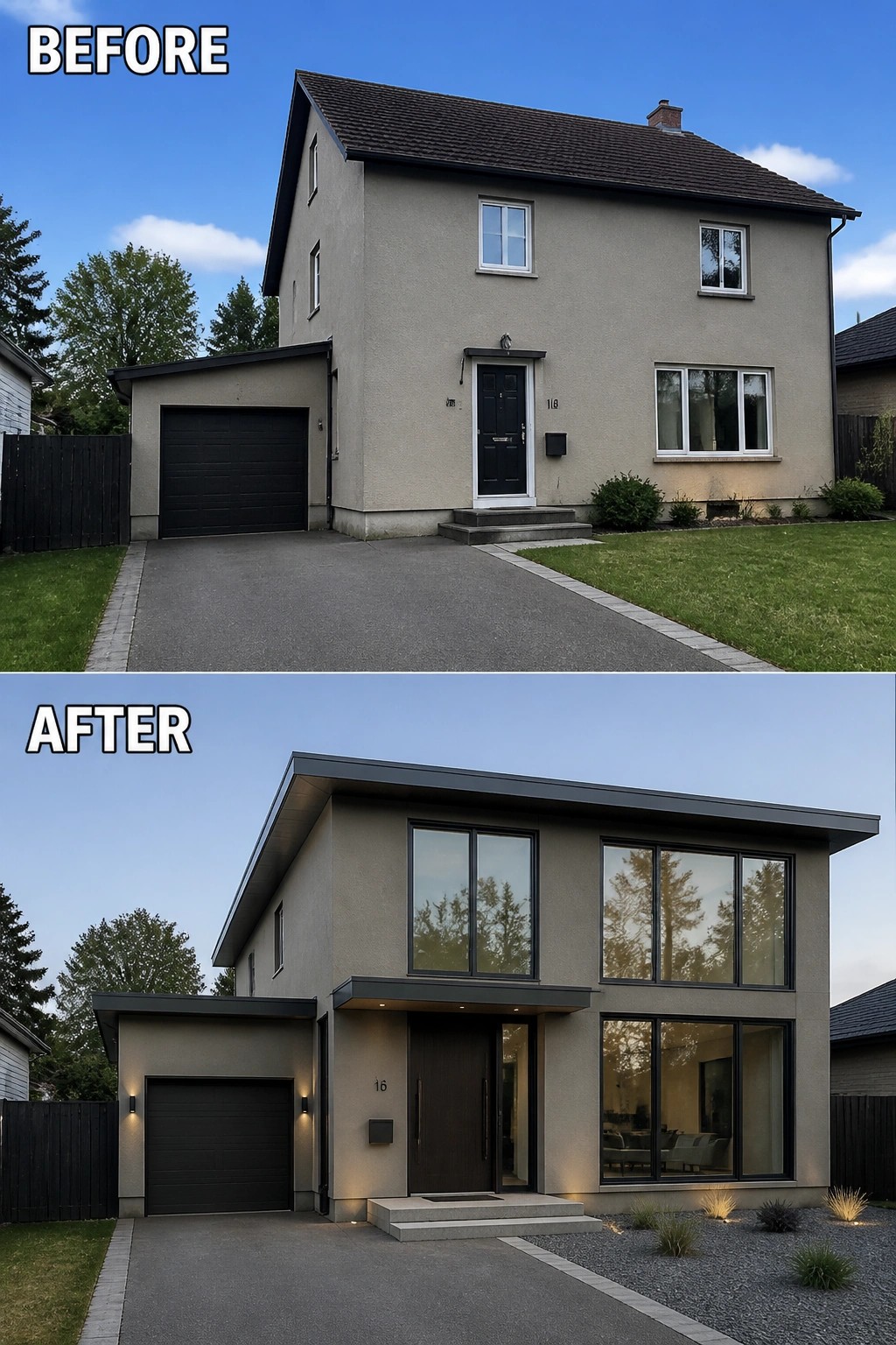 Before and after of a two-story house with modern windows, door, and landscaping.