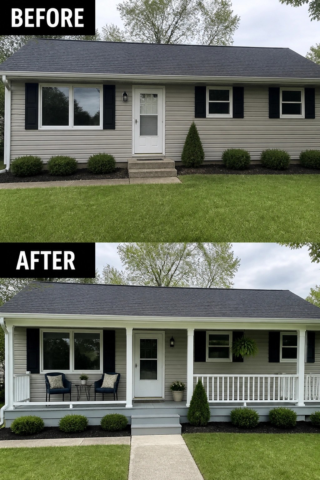 Before and after house exterior with new white front porch addition.