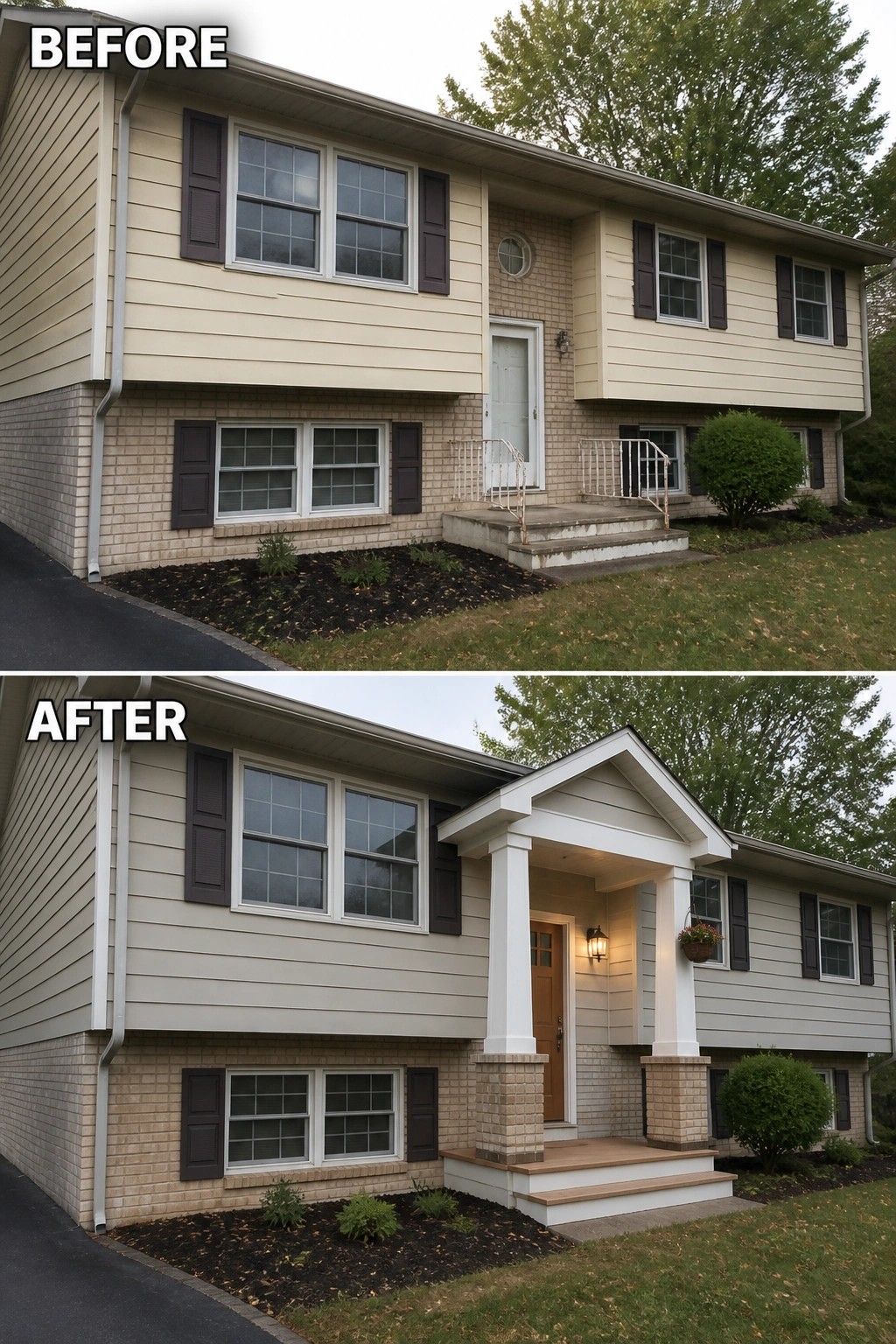 Before-and-after image of a suburban house exterior showing the addition of a white gabled portico with columns over the front entry.