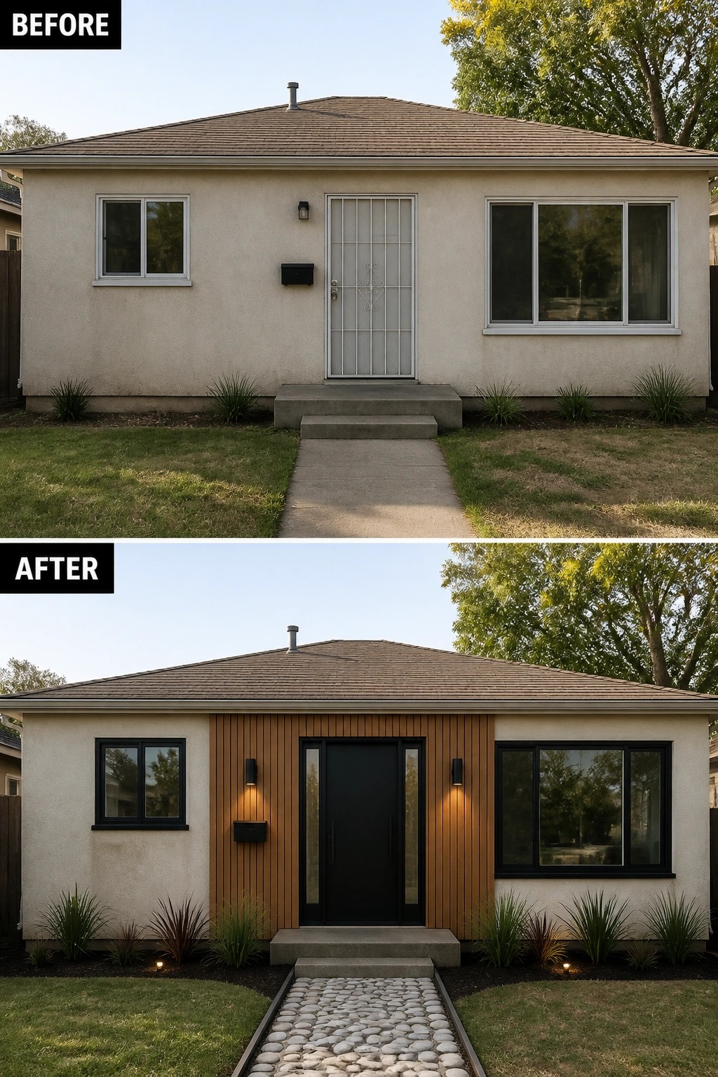 Before-and-after image of a dated suburban house facade updated with a vertical wood accent wall, modern black door, new lighting, black window frames, and a cobblestone path.