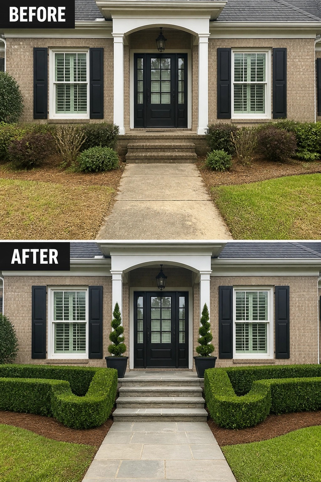 Before-and-after brick house entrance with new topiaries, hedges and stone path.