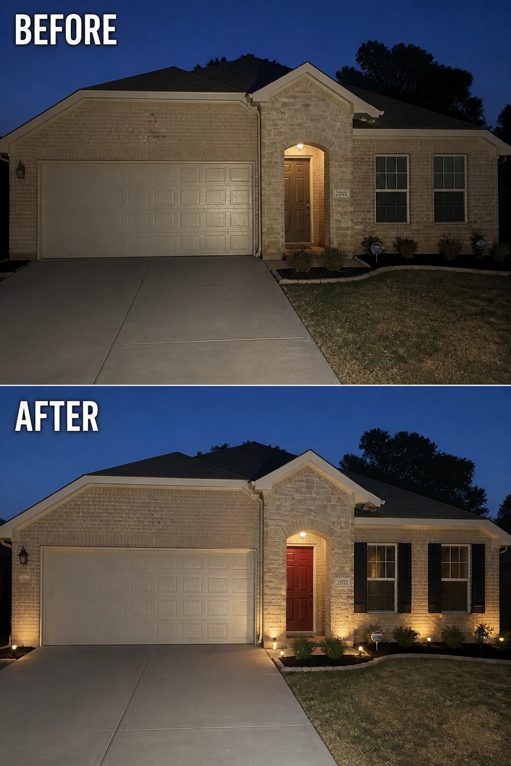 Before and after of brick house at night with added landscape lighting and red door.
