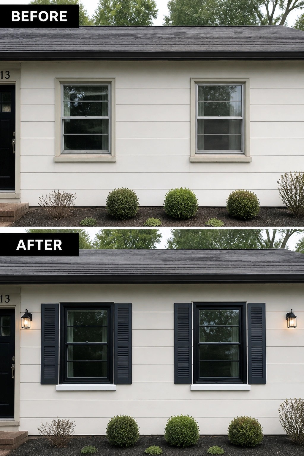 Before-and-after of white house with added black shutters and lights.