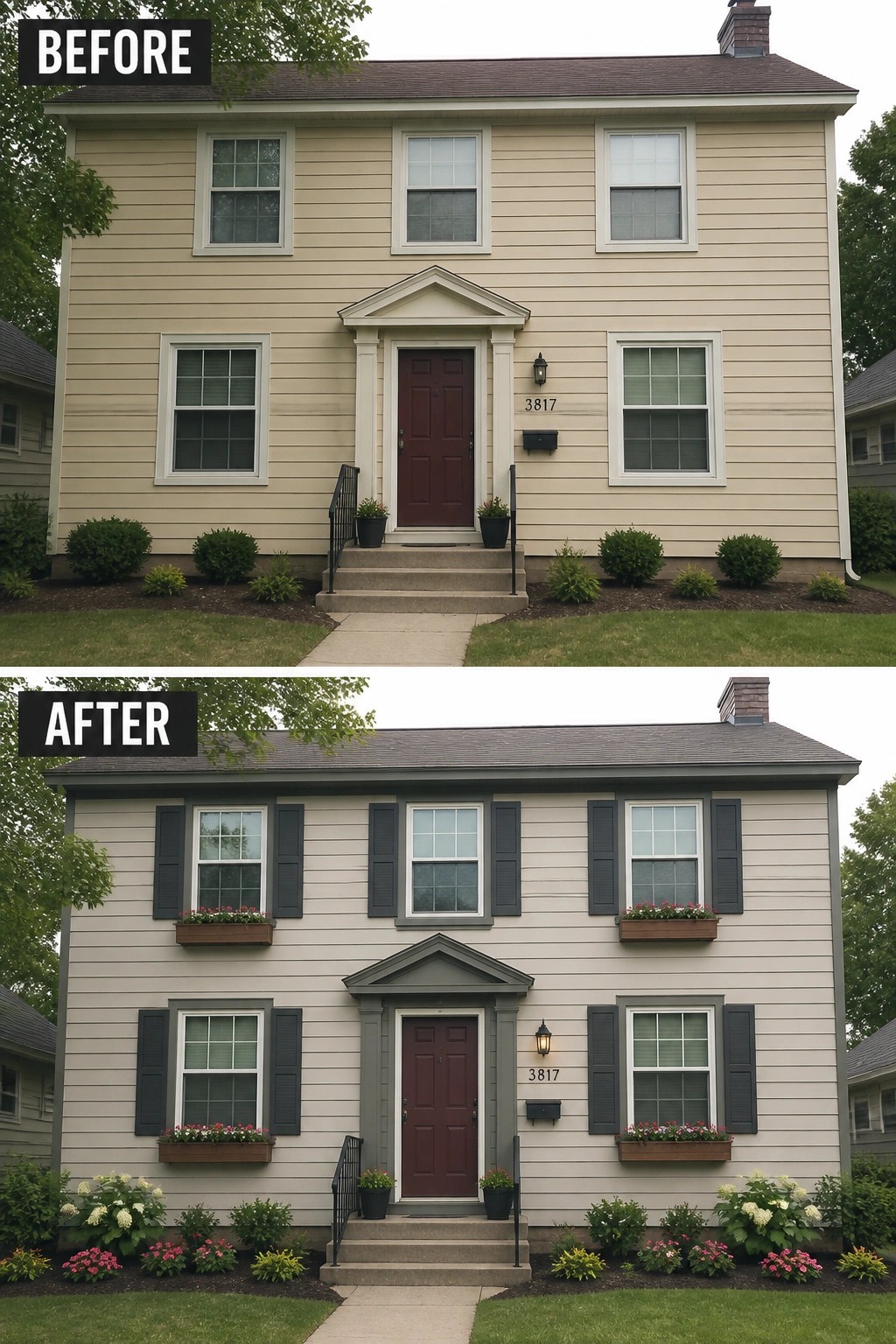 Before-and-after image of a beige two-story house exterior updated with dark shutters, gray trim, and flower boxes under the windows.
