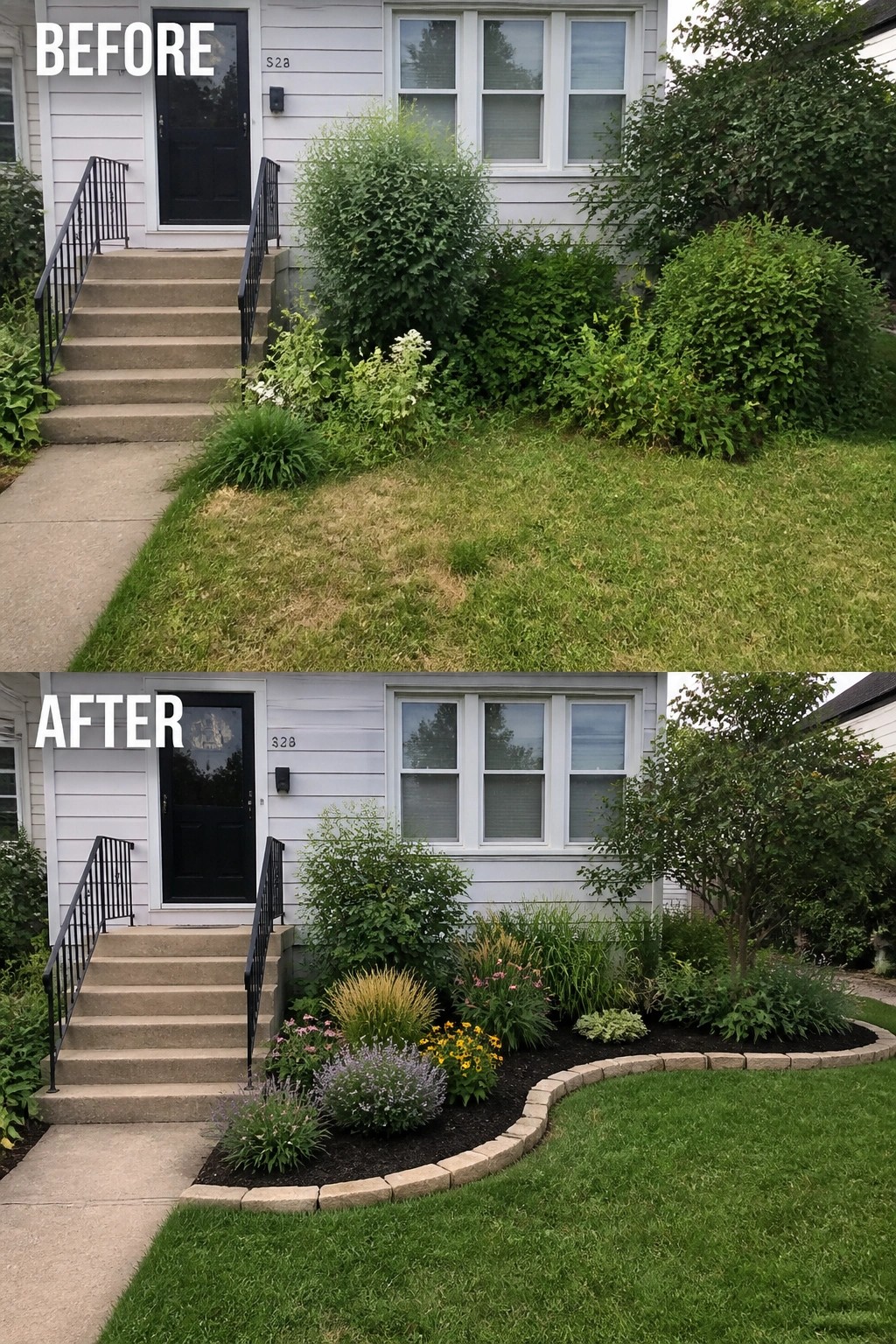 Before-and-after image of a front yard where overgrown shrubs were replaced with a stone-edged garden bed and new plantings.