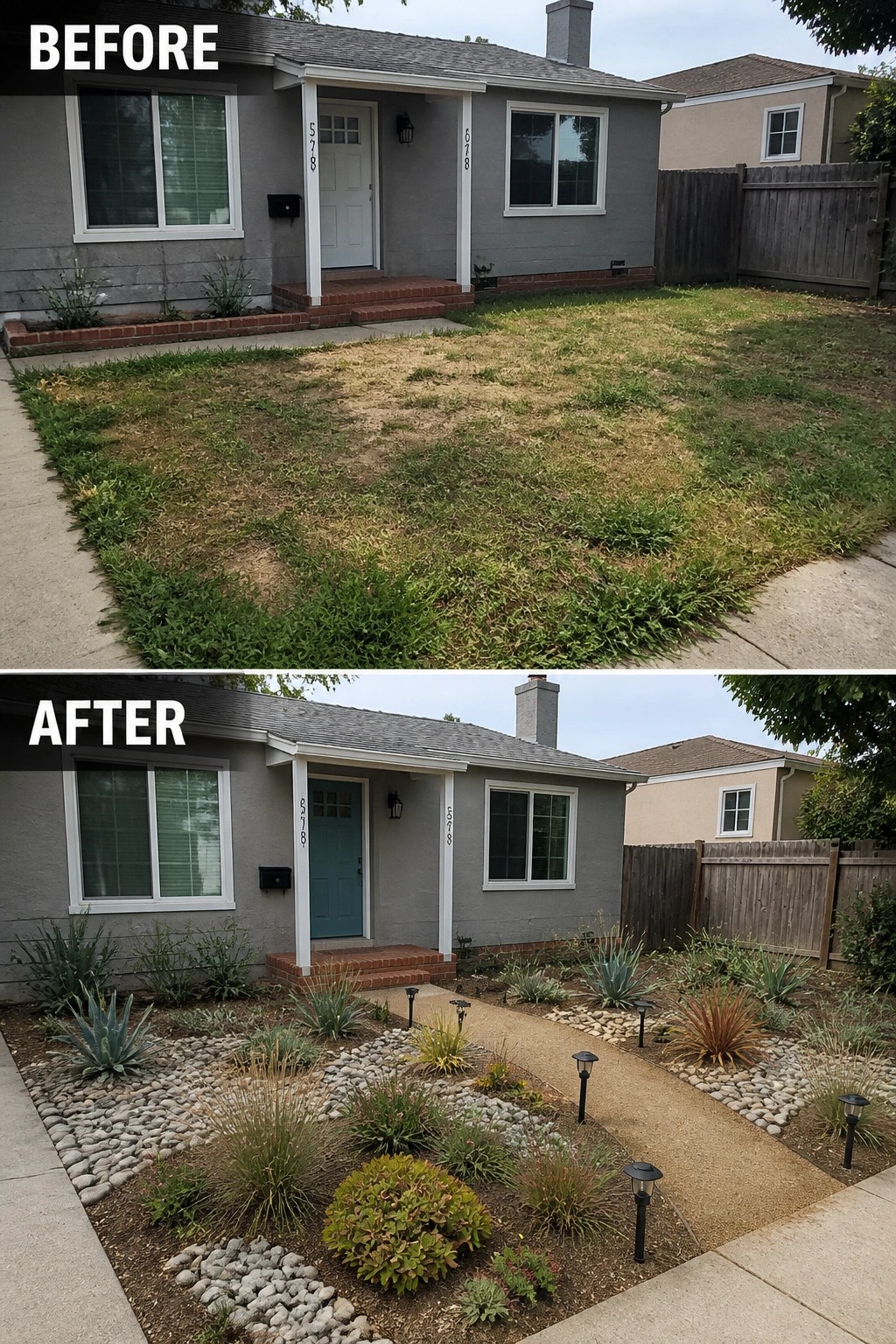 Before-and-after image of a front yard showing patchy grass replaced by structured garden beds, a gravel path, rocks, and drought-tolerant plants.