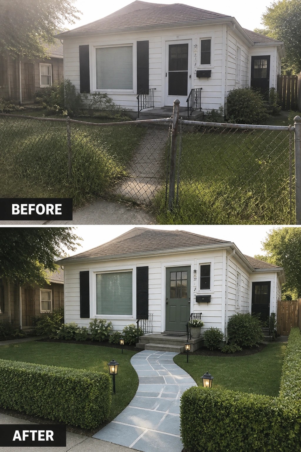 Before and after of white house with new stone path, hedges and landscaping.