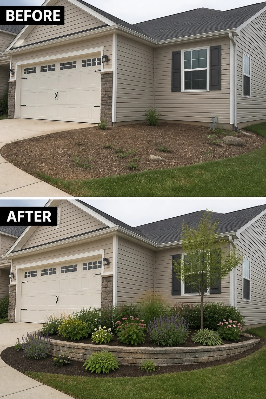 Before and after of beige house with added stone-bordered flower garden and tree.