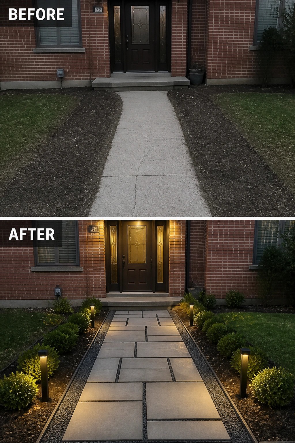 Before-and-after image of a concrete front walkway transformed into a paver path with gravel borders, garden beds, and pathway lighting.