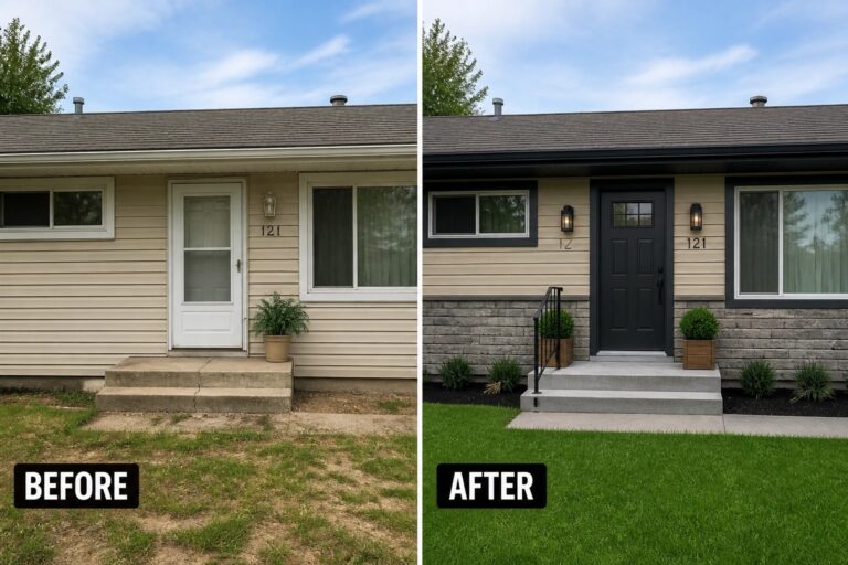 25 Creative Front Facade Transformation Ideas for Dated Suburban Homes Before and after house exterior with black door, shutters, and stone base