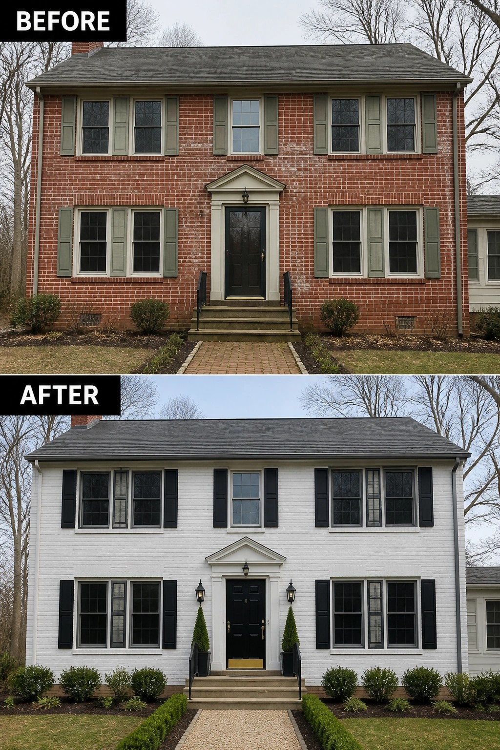 Before-and-after view of red brick house painted white with black shutters and landscaping updates