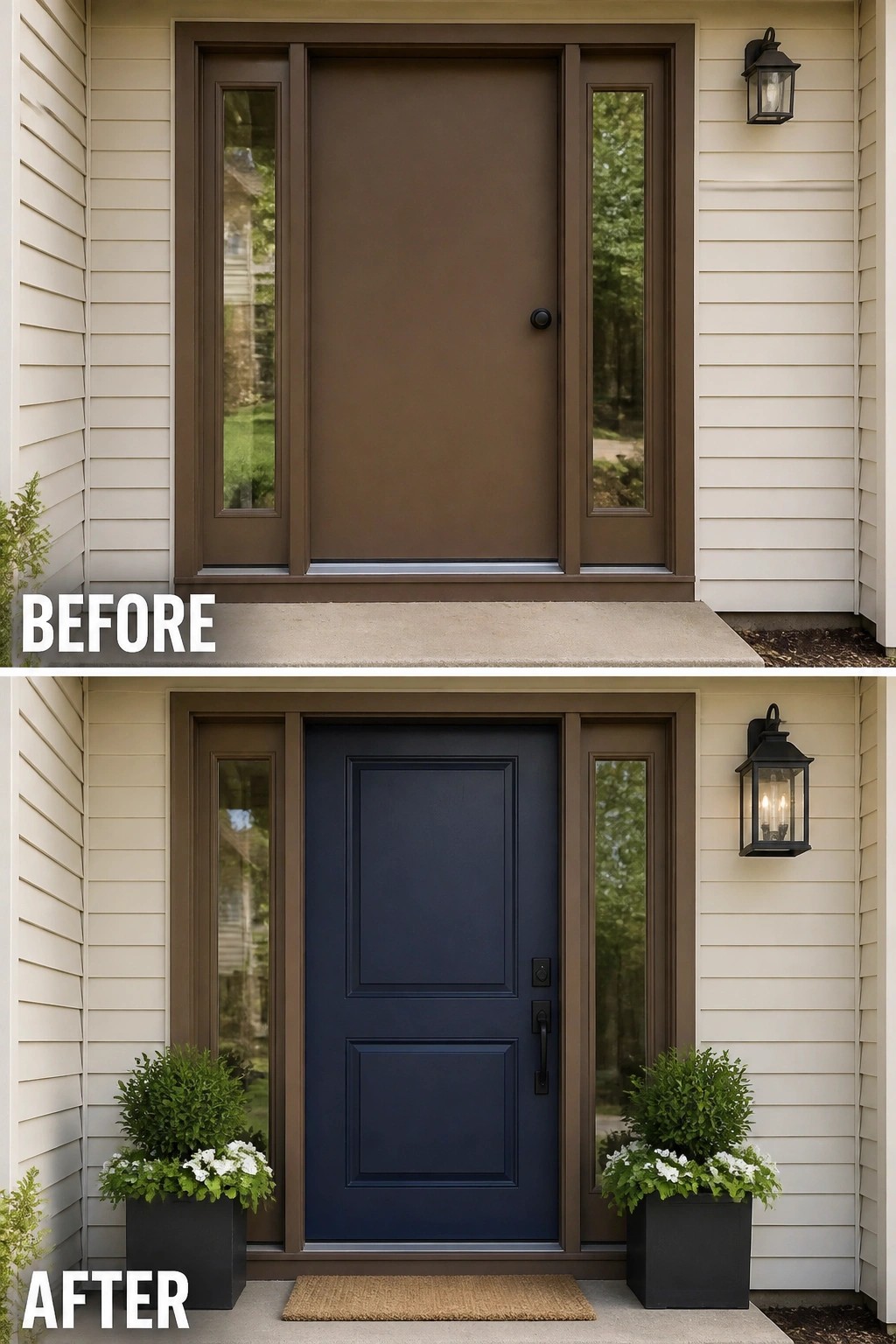Before-and-after image of a front entry showing a brown door replaced with a navy blue door, plus the addition of two planters and a doormat.
