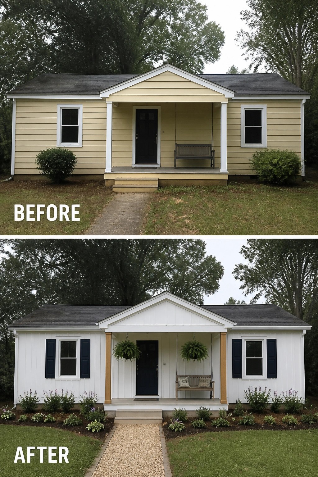 Before-and-after image of a yellow suburban house exterior updated with white paint, navy shutters, and a refreshed front porch.