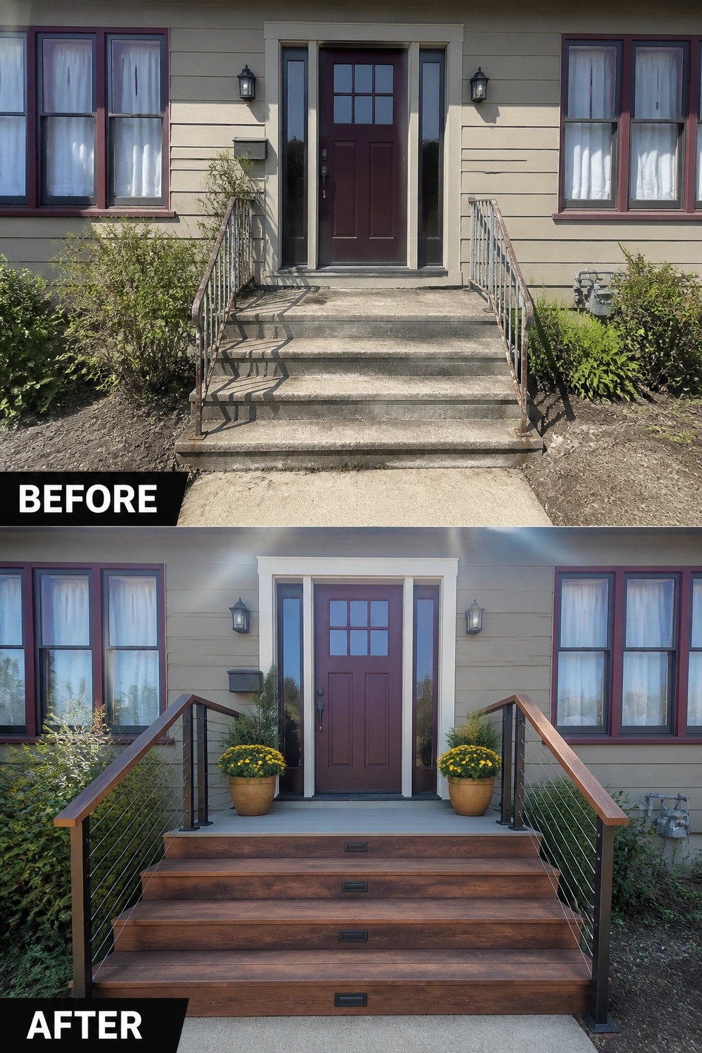 Before and after porch renovation with new wooden stairs, railings, and potted plants