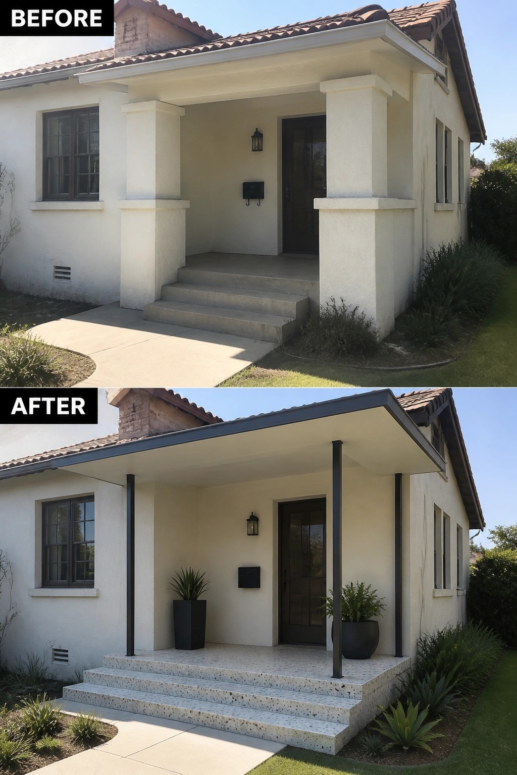 Before-and-after image of a front porch transformed by replacing thick columns with slim black posts, adding new steps, and placing two planters.